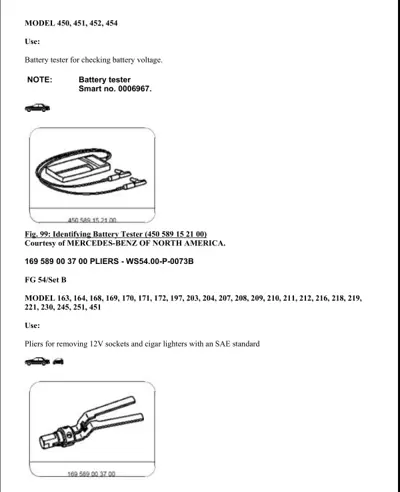 Battery tester with leads and pliers tool for 12V socket removal shown in technical drawings.