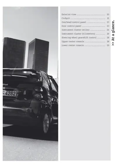 Contents page with black Smart Fortwo cabrio photo and chapter references for interior controls.