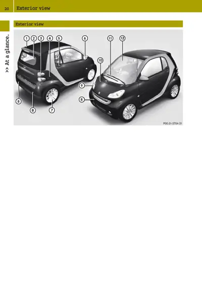 Two views of Smart fortwo 451 with numbered callouts (1-12) marking exterior features and components.