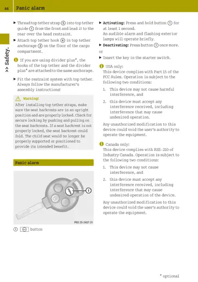Key fob with panic alarm button labeled, activation and deactivation instructions.