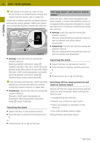 Manual page showing anti-theft system controls and procedures with dashboard image and numbered callouts.