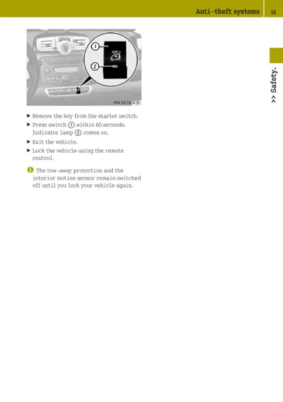 Dashboard switch callouts showing anti-theft system activation steps with indicator lamp