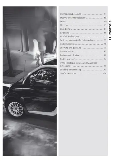 Owner manual table of contents showing page numbers for various vehicle systems and features.
