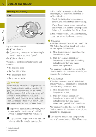 Diagram of remote control key with three labeled buttons and their functions on the vehicle.