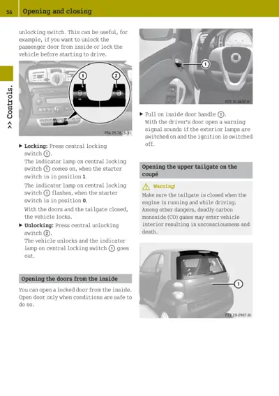 Manual page showing door lock switches, interior handle pull location, and tailgate opening point with numbered callouts.