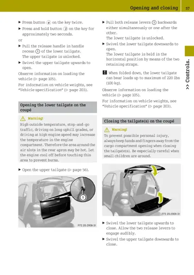 Instructions for opening and closing tailgates on Smart fortwo coupé with labeled diagrams.