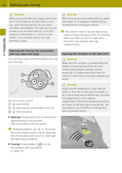 Owner manual page explaining cabrio roof operation, key fob buttons, and tailgate safety precautions with labeled diagrams.