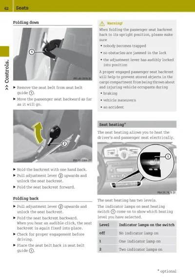Seats page showing how to fold passenger seat backrest and seat heating switch with indicator lamp levels.