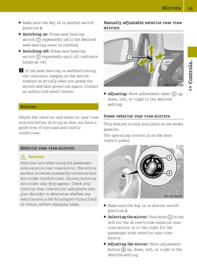 Mirror adjustment lever and power control knob diagrams with numbered callouts