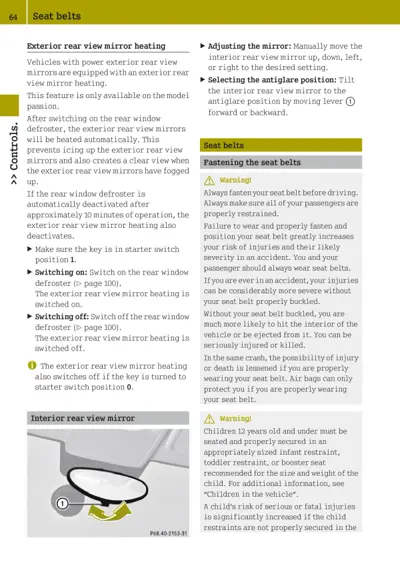Owner's manual page about seat belt fastening and mirror adjustment with warning symbols.