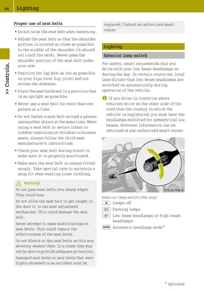 Page 66 showing seat belt safety instructions and exterior lamp switch diagram with USA positions.