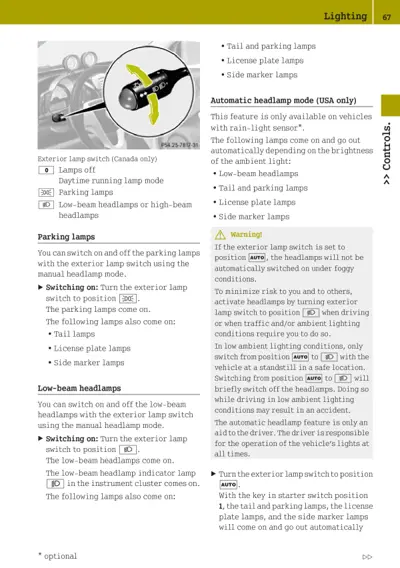 Lighting control switch with three positions (off, parking, headlamp) and automatic mode explanation.