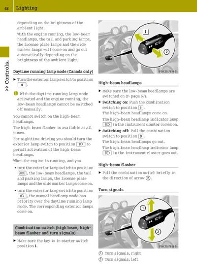 Combination switch positions for headlamps and turn signals with numbered callouts and arrow diagrams.