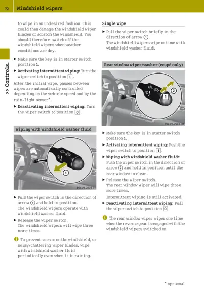 Service manual page showing windshield wiper switch positions and operation instructions with two detailed photos of wiper controls.