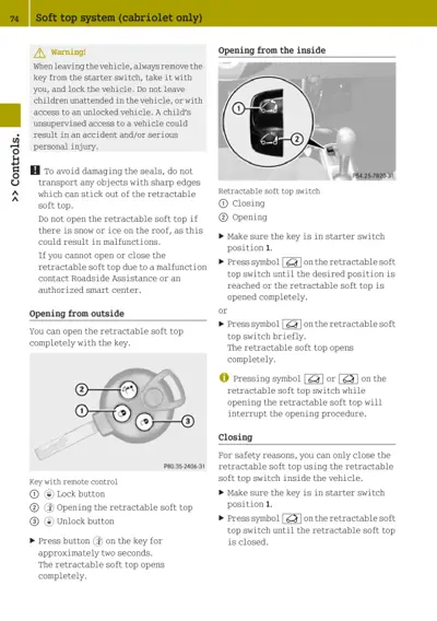 Instructions for opening and closing retractable soft top with numbered callouts on key remote and interior switch.