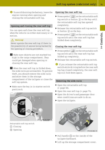Manual page showing retractable soft top switch diagram and step-by-step procedures with warning notes.