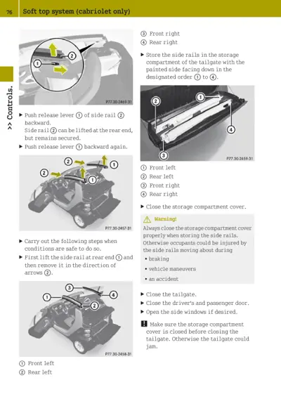 Service manual page showing soft top side rail removal, storage in tailgate compartment, and reassembly instructions with four callout diagrams.