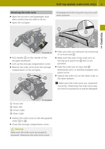 Instructions for mounting side rails on convertible roof system with numbered callout diagrams and text steps.
