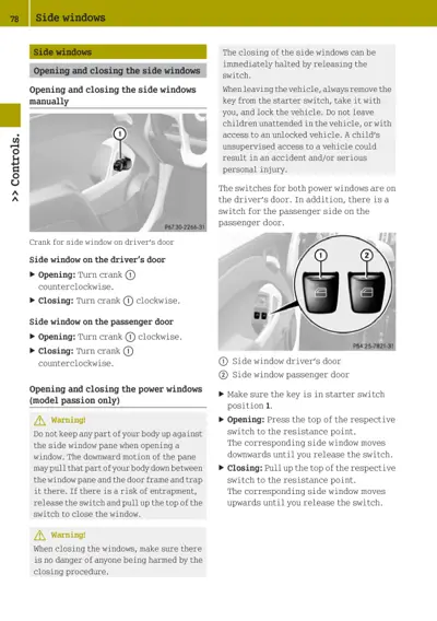 Manual and power window operation instructions with crank and switch controls.