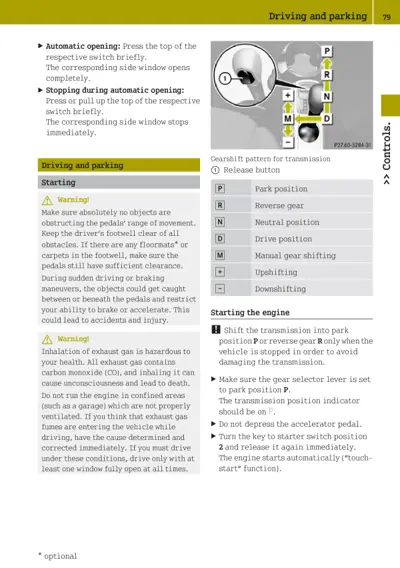 Gearshift diagram with P R N D M positions and engine starting instructions with warnings about exhaust fumes and pedal clearance.