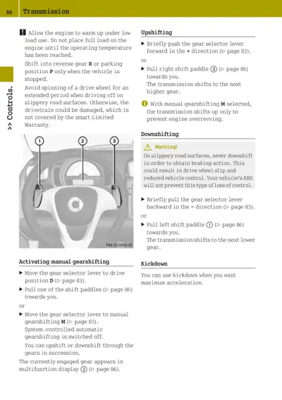 Steering wheel with three numbered callouts showing manual gearshift paddles and control positions.