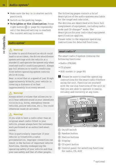 Dashboard radio unit with eight labeled control points including power switch, random button, station buttons, display, CD eject, and control panel.