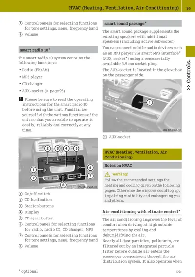 Radio unit controls labeled 1-8 and glove box AUX-socket location diagram.