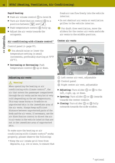 HVAC manual page showing rapid heating steps, climate control instructions, and labeled center air vents 1-3.
