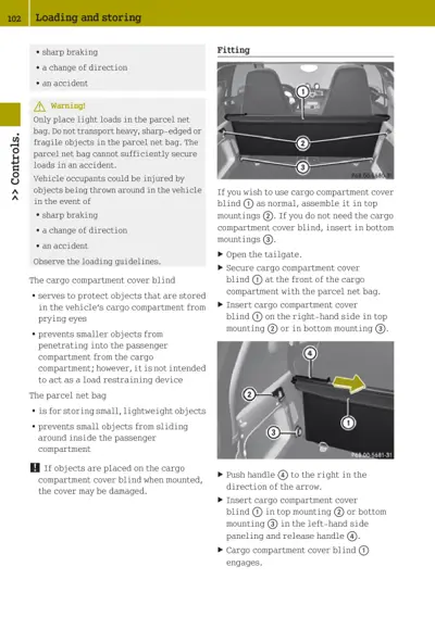 Two diagrams showing cargo cover blind mounting locations and installation steps with numbered callouts.