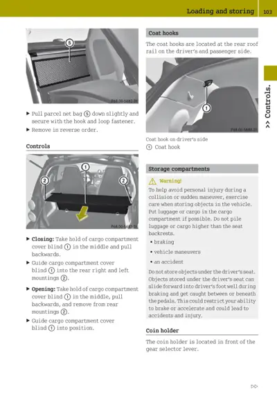 Interior storage features including parcel net, coat hooks, and cargo compartment controls with safety warnings.