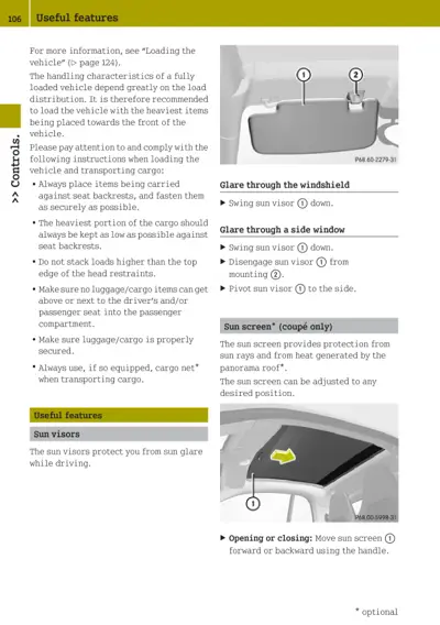 Sun visor and sun screen adjustment instructions with numbered callouts showing windshield and side window positions.