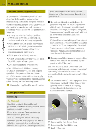 Fuel filler cap removal steps and break-in driving instructions with gasoline safety warnings.