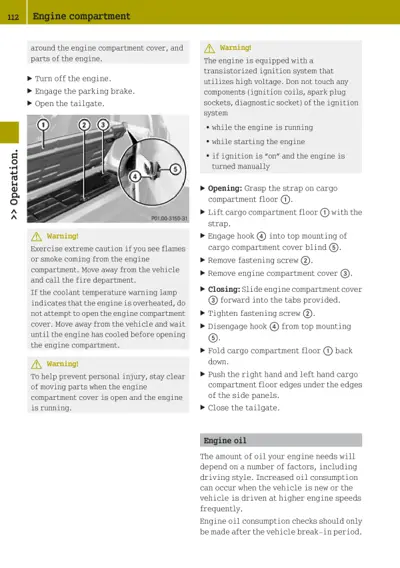 Engine compartment access instructions with five numbered components and warning about high-voltage ignition system.