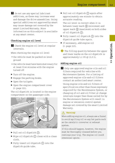 Oil dipstick with minimum and maximum marks, removal and insertion instructions for checking engine oil level.