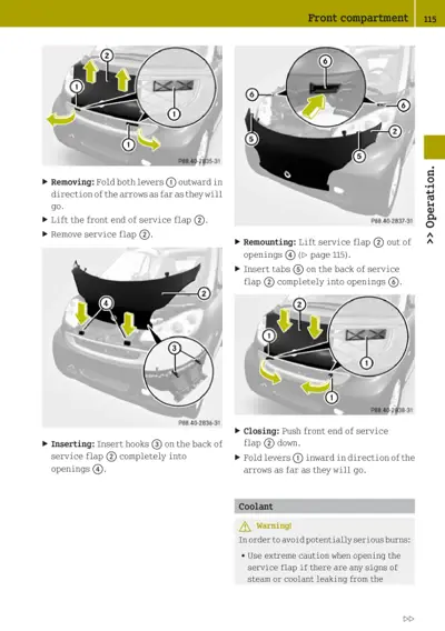 Diagram showing steps to remove and reinstall front service flap with numbered parts and directional arrows.