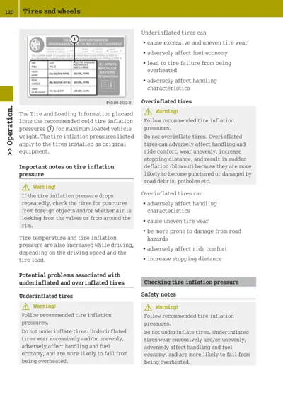 Owner's manual page showing tire pressure placard, inflation warnings, and maintenance guidance.