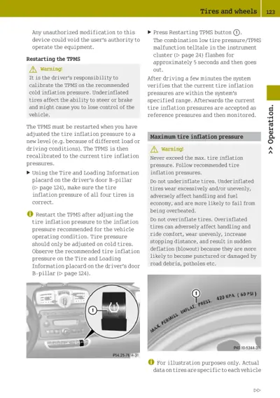 Page 123 showing TPMS restart instructions, tire pressure warnings, and dashboard button location.