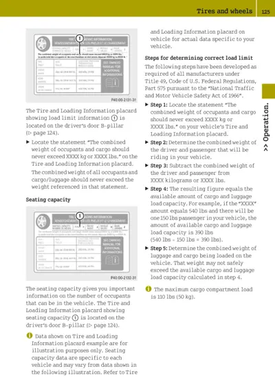 Tire and Loading Information placard examples showing weight limits and seating capacity callouts.