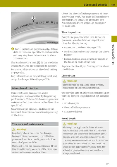 Manual page explaining tire care including pressure checks, inspection points, rotation direction, and tread depth guidelines.