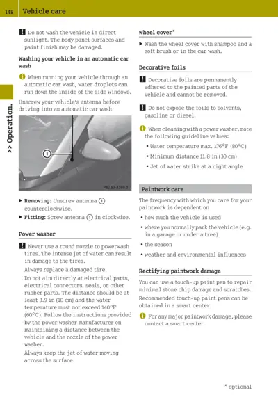 Page 148 vehicle care section with antenna removal diagram and washing guidelines