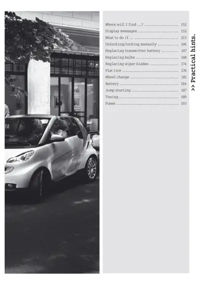Index page listing practical hints topics and page numbers from 152 to 193.