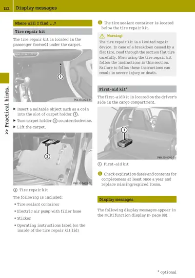 Two vehicle interior diagrams showing tire repair kit under carpet and first-aid kit in cargo area
