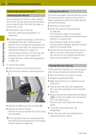 Instruction page showing key removal from lock cylinder and manual unlocking steps for Smart vehicle.