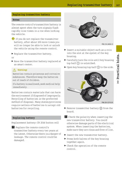 Remote key fob disassembly and transmitter battery replacement procedure with numbered callouts.