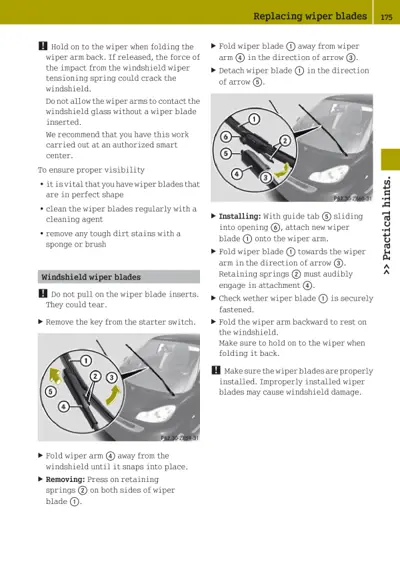 Service instructions for replacing wiper blades with two detailed photos showing numbered components on wiper arm assembly.