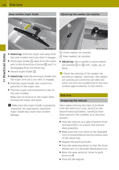 Two photos showing rear wiper blade removal steps and front/rear washer nozzle adjustment locations.