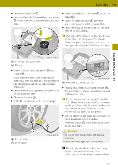 Instructions for repairing flat tire with sealant and electric pump, showing container, valve, hose, and switch components.