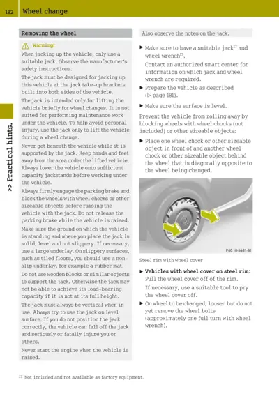 Service manual page showing wheel removal procedures, safety warnings about jacking, and diagram of steel rim with wheel cover.
