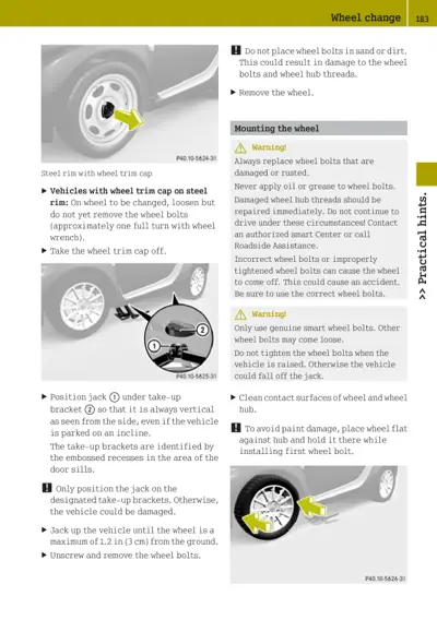 Wheel change instructions showing trim cap removal, jack placement, and wheel bolt mounting details.