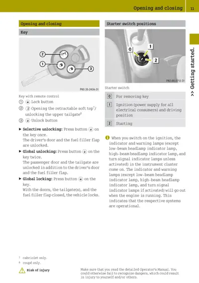 Key with lock, roof, and unlock buttons; starter switch diagram showing positions 0, 1, 2.